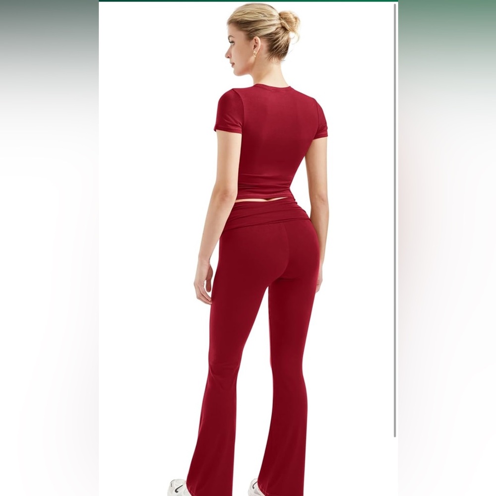 Solid round neck tee & flare leg pants two pc set
